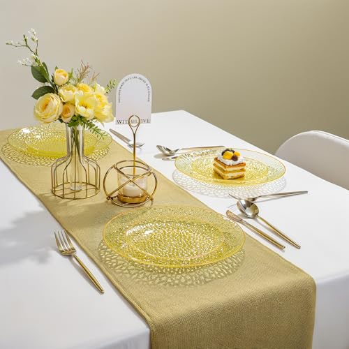 Rubtlamp 60Pcs Yellow Gold Plastic Plates, Yellow Disposable Plates With Gold Rim, Clear Heavy-duty Party Supplies, Hammered Plastic Plates Include 30 Dessert Platos, 30 Dinner Platos for Party - color: Clear Yellow Gold