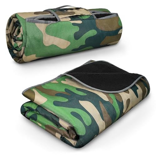 Tirrinia Waterproof Outdoor Blanket with Sherpa Lining, Windproof Triple Layers Warm Comfy Foldable for Camping Stadium, Beach, Picnic, Grass, Concerts, Car, Dog, 51''X 59'' & 59''X 80'' - color: Camo/Black, size: 59” x 80”