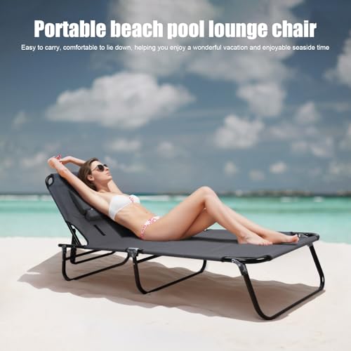 Patio Lounge Chair Reclining Folding Chaise for Indoor Outdoor Adjustable Portable Chair Removable Pillow, Sunbathing Chair for Patio, Poolside, Lawn, Beach Grey - color: Grey