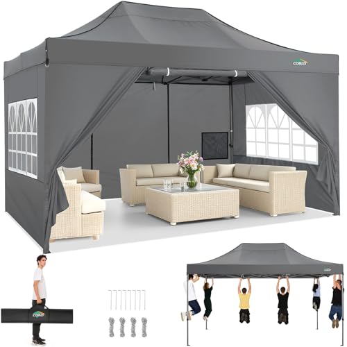 COBIZI 10x15 Heavy Duty Pop Up Canopy Tent with 4 Sidewalls Thicken Frame, Commercial Easy Up Outdoor Wedding Party Tents, All Season Waterproof Windproof with Stakes Sandbags Ropes Bag, Gray - color: Gray, size: 10x15