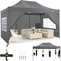 COBIZI 10x15 Heavy Duty Pop Up Canopy Tent with 4 Sidewalls Thicken Frame, Commercial Easy Up Outdoor Wedding Party Tents, All Season Waterproof Windproof with Stakes Sandbags Ropes Bag, Gray - color: Gray, size: 10x15