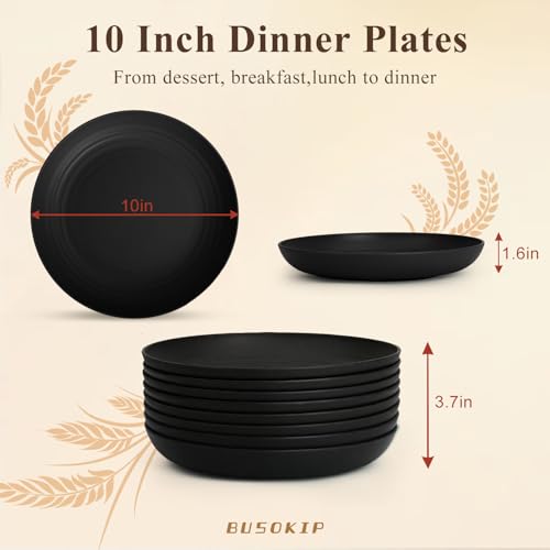 Dinner Plates Set 10 Inch, Unbreakable Wheat Straw Plates 8 PCS, Alternatives to Plastic Plates Rusable, Microwave Safe Salad Plates for Breakfast, Lunch, Dinner - Black - color: Black, size: 10 Inch