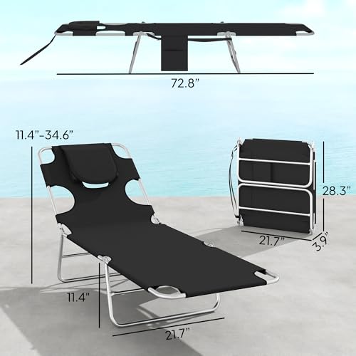 Outsunny Chaise Lounge Chair Outdoor Set of 2 with Face Arm Hole, 5-Position Reclining Face Down Tanning Chair with Carry Strap, Side Pocket, Portable Folding Bed Cot for Patio Beach Pool, Black - color: Black, size: 2 Pieces