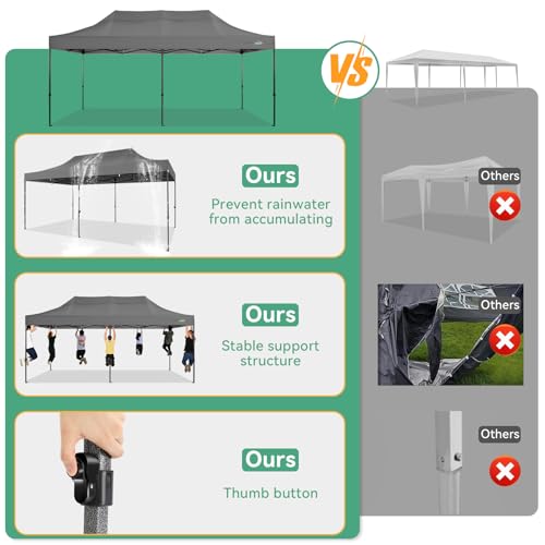 COBIZI 10x20 Heavy Duty Pop Up Canopy Tent with 6 Sidewalls Thicken Frame, Commercial Easy Up Outdoor Wedding Party Tents, All Season Waterproof Windproof with Stakes Sandbags Ropes Roller Bag, Gray - color: Gray, size: 10x20