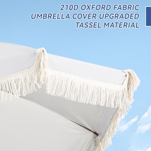 Aoxun 7ft Patio Umbrella with Fringe,Outdoor Beach Umbrella with Aluminum Pole, Ribs Push Button Tilt and Carry Bag, UV 50+ Picnic Tassel Umbrella (White) - color: Cream, size: 7.0 FT