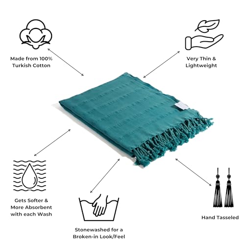 InfuseZen Stonewashed Turkish Bath & Beach Towel –100% Organic Turkish Cotton - Soft, Lightweight, Absorbent - Quick Dry, Sand Free - Swim, Pool, Shower, Travel - Peshtemal, Hammam Spa Towel - Teal - color: Teal