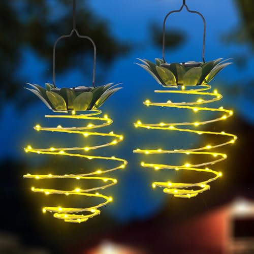 2 Pack Waterproof Solar Lanterns Outdoor, 60LED Hanging Lights with Pineapple Pattern, Solar Garden Lights Outdoor for Patio Yard Decor, Gift for Grandma Gardeners Women - color: Yellow-Pineapple