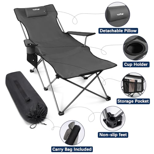apollo walker Reclining Beach Chair, Adjustable 90-135° Backrest Camping Lounge Chairs for Adults, Folding Chair with Foot Rest & Detachable Pillow - Standard 6-Leg, Grey - color: Grey, style: 6-Leg