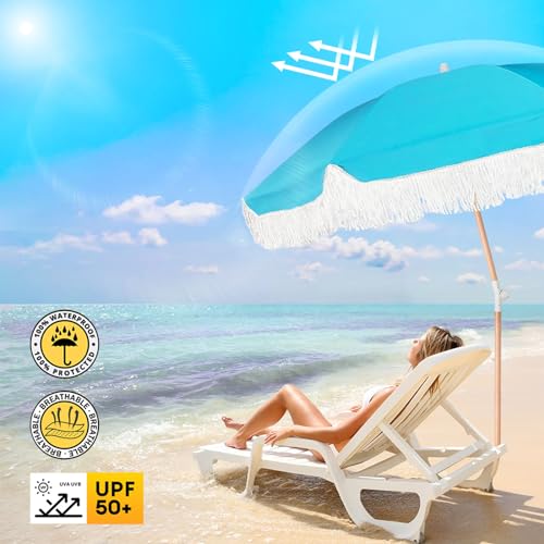 Lefedrasticity Boho Outdoor Umbrella with Tassels,6ft Table Umbrella Outdoor Patio with Knobs Tilt,Wind Resistant Portable Beach Umbrella UPF50+ Fringe Umbrellas For Pool Backyard Deck Garden - color: Blue Green