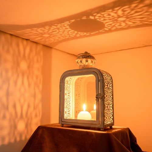 Candle Lantern Decorative Indoor & Outdoor, Vintage Metal Lanterns with Clear Glass, Tabletop&Hanging Candle Holders for Patio Front Porch Home Decor, Halloween Christmas Decorations (White) - color: White