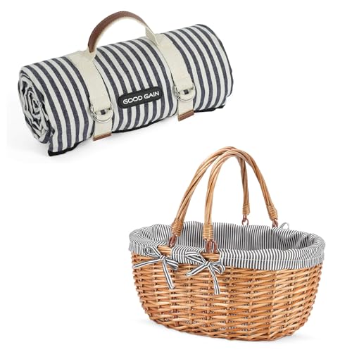 Waterproof Picnic Blanket Portable with Carry Strap for Beach Mat or Family Outdoor Camping Party Woodchip Picnic Basket with Double Folding Handles, Natural Woven Basket, Gift Packing Woven Basket