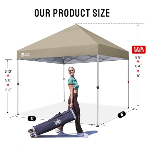 CROWN SHADES 8x8 Pop Up Canopy - Beach Tent with One Push Setup - Easy Outdoor Sun Shade for Events, Parties, Camping - Gazebo with STO-N-Go Cover Bag, Silver Coated Top, Beige - color: Beige, size: 8x8