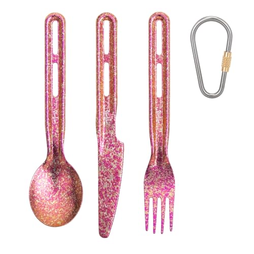 TiTo Titanium 3 Piece Cutlery Set, Ultralight Portabale Titanium Fork Spoon & Knife Tableware for Outdoor Camping Hiking Backpacking Travel Picnic Flatware with Titanium Carabiner (Rose Pink) - color: Rose Pink