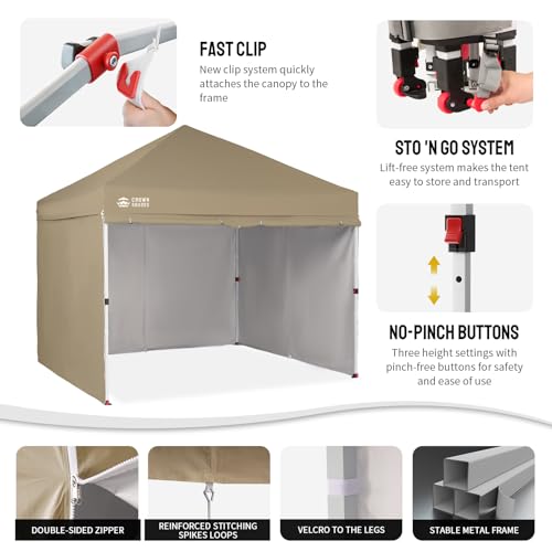 CROWN SHADES 10X10 Commercial Instant Canopy Pop Up Tent with Center Lock, 300D Fabric, 4 Sidewalls, Sto'N Go Bag, Beige - color: Beige, size: 10x10 Classic