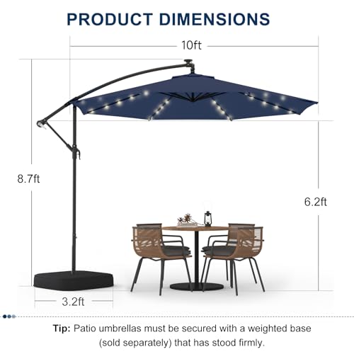 10FT 40-LED Solar Lighted Patio Umbrella with Base Included, Outdoor Offset Cantilever Umbrella, Infinite Tilt, UV Protection for Backyard, Lawn, Garden & Pool - color: Navy Blue, size: 10FT 40LED w/Base (Offset Umbrella)