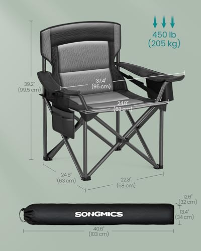 SONGMICS Oversized Lumbar Support Camping Chair, Heavy-Duty Outdoor Folding Chair Comfortable, Padded, Glamping, Cooler Bag, Weight Capacity 450 lb, Ink Black UGCB066B01 - color: Black, style: 1PC (24.8"D x 37.4"W x 39.2"H)