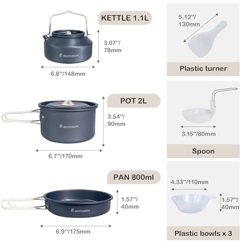 DA DINITHRON 10-Piece Camping Cookware Set, Lightweight Hard-Anodized Aluminum Pots and Pans with 1.1L Kettle, Non-Stick & Compact Nesting Design for Backpacking and Hiking (650g)