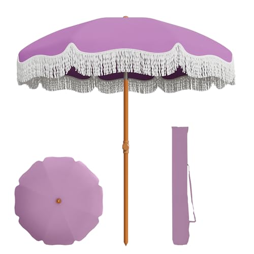 AreShark 7ft Patio Umbrella with Fringe, UPF50+ Beach Umbrella for Table, Pool & Garden, Portable Outdoor Tassels Umbrella w/Fiberglass Ribs&Push Bottom Tilt(Lavender) - color: Lavender, size: 7FT