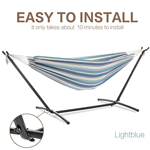 PNAEUT Double Hammocks with Stand for Outside, Portable Space Saving Heavy-Duty Steel Stand for Indoor Outdoor Patio with Carrying Bag, 450 lbs Capacity (Lightblue) - color: Lightblue