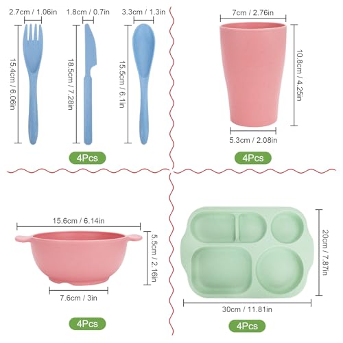 Unbreakable Dinnerware Sets for 4 People,24pcs Divided Plates and Bowls, Reusable Dinnerware Plastic Plates, Cups, Bowls, Cutlery Set for School Party, Camping, Home, Office - color: Pink