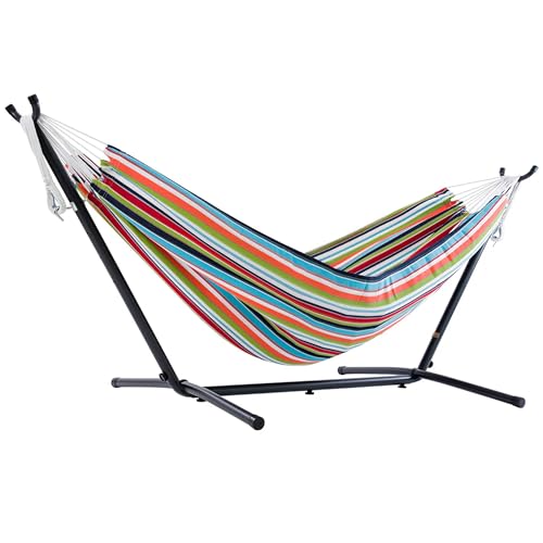 Vivere Double Sunbrella Hammock with Space-Saving Steel Stand, Heavy-Duty Portable Outdoor Hammock Set for Backyard, Patio, or Travel, Confetti - color: Confetti