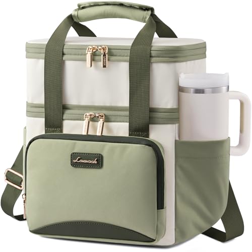LOVEVOOK Insulated Lunch Bag For Women Men,Expandable Double Deck Lunch Box With Large Cup Holder,Leakproof Cooler Bag For Adult Lunch Tote Bag Work Picnic Beach with Adjustable Shoulder Strap Gift - color: Off White with Green, size: X Large —22l