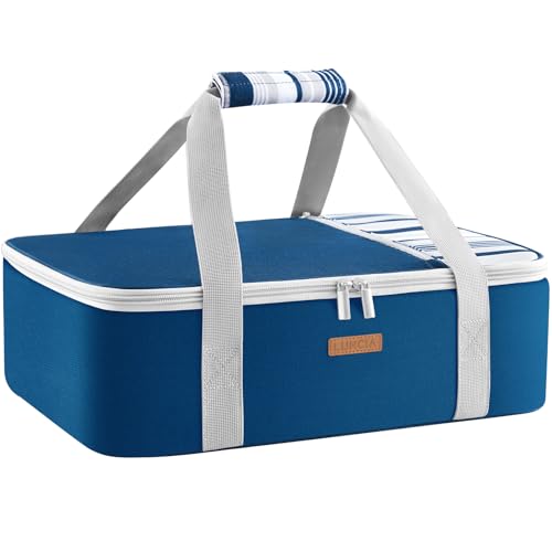 LUNCIA Insulated Single Decker Casserole Carrier, Lasagna Lugger Tote Keeps Food Hot or Cold, Thermal Lunch Bag for Potluck Parties, Picnic and Cookouts, Fits 9" x 13" Baking Dish, Dark Blue - color: Dark Blue, size: 15.7 x 11.4 x 4.7inch