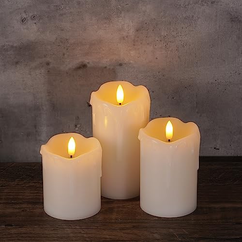 Homemory Dripping Wax Flameless LED Pillar Candles, Battery Operated with Remote Control and Timer, Set of 3, 5" H x 4" W x 6" D - color: Ivory Wax, size: D3"H4"5"6"