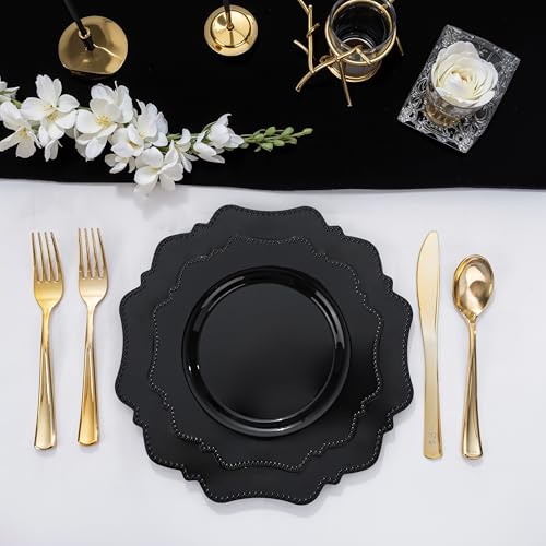 COLOSUS 100pcs Black Plastic Plates - Heavy Duty Black Plastic Plates Disposable for Party/wedding/New Year Include 50pcs Dinner Plates and 50pcs Dessert Plates. - color: Black