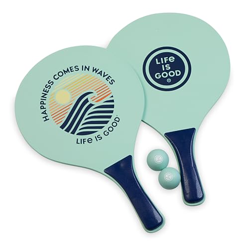 Life is Good Wooden Paddle Ball Set (Happiness in Waves), 2 Wooden Paddles & 2 Balls, Contoured Grip Handles, Travel-Ready Family Game for Park, Picnic, Yard, and Campsite Play - color: Happiness in Waves