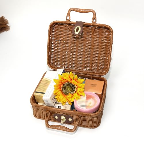 Mini Wicker Picnic Basket, Decorative Prop Suitcase Vintage Storage Hamper Makeup Organizer, 8.67" Metal Lock Plastic Rattan Storage Box with Handles for Sundries Travel Camping and Outdoor Party - color: Brown, size: Small