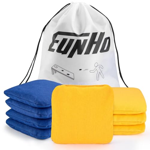 EunHo Cornhole Bags Set of 8 Regulation Size & Weight Corn Hole Bean Bags Official Professional All Weather for Tossing Game with Carry Case - color: Yellow/Blue