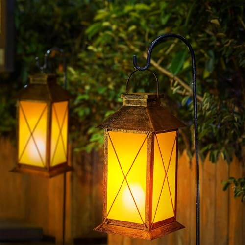 2 Pack Solar Lantern with Flickering Flame Candle, 13" Outdoor Waterproof Solar Lanterns Garden Decorative, Glass Hanging Lantern Metal for Outdoor Patio Yard Tabletop Decoration Mothers Day Gifts Mom - style: Bronze-Cross02