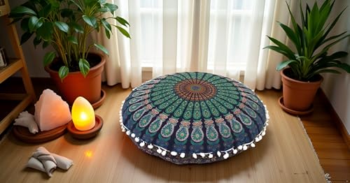CRAFT KALA Large Hippie Floor Pillow Cover Mandala Meditation Cushion Case Pouf Cover Round Poufs Cover Bohemian Floor Cushion Cover Outdoor Fireplace Yoga Living Room Decor 32" Blue Mirchi - color: Blue Mirchi