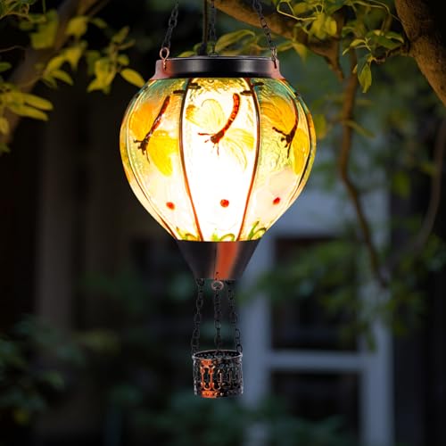 Dragonfly Solar Hot Air Balloon Lantern with Flame, Glass Hot Air Balloon Solar Lantern Outdoor Waterproof, Decorative Hanging Hot Air Balloon Solar Light for Outside Garden Patio Yard - color: Pink