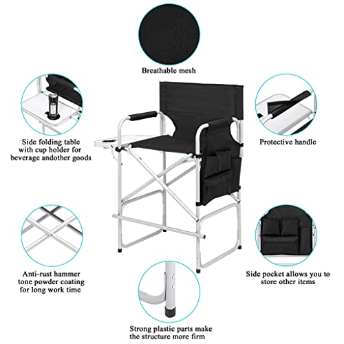 Tall Directors Chair, Portable Makeup Artist Chair with Side Table, Cup Holder, Storage Bag and Footrest, 41'' Seat Height Folding Camping Chairs for Tailgating Camp Lawn Picnic Fishing Beach