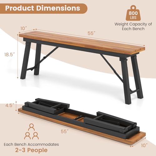 HAPPYGRILL Folding Picnic Bench Set of 2, 55” Long Rectangular Wooden Dining Camping BBQ Benches, Portable Acacia Wood Bench w/Metal Frame, Outdoor Indoor Bench Seat for Porch Garden Yard Patio Deck
