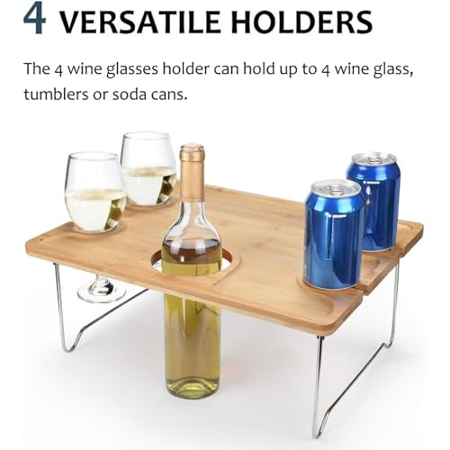 Outdoor Wine Picnic Table, Folding Portable Wood Tray with 4 Wine Glass Holder for Cheese and Fruit, Ideal for Camping, Beach, Wine Gifts for Women