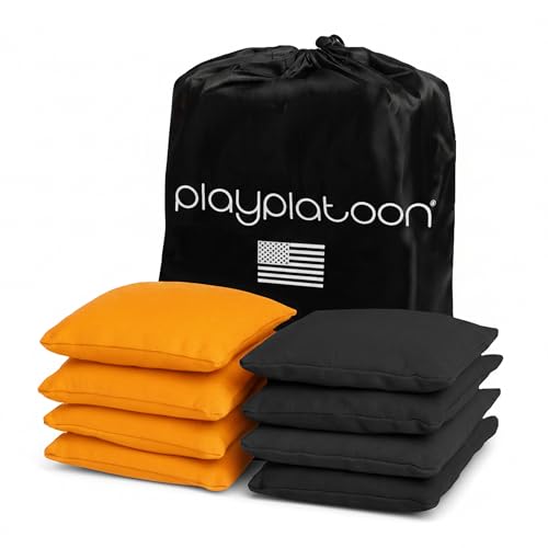 Play Platoon Cornhole Bags Weather Resistant- Set of 8 Regulation Bean Bags for Tossing- Official Professional Size & Weight Corn Hole Bags Two Color All Weather Cornhole Beans Bag Set with Tote Bag - color: Black & Orange