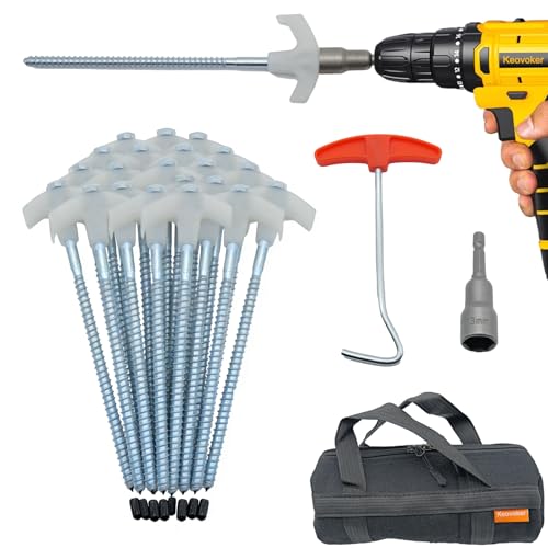 12 Pack Screw in Tent Stakes Heavy Duty-8” Metal Pegs for Ground, Drill in Camping Stake with Hex Head Driver, Spikes Puller, Protector/Stopper in Carrying Bag, for Hiking, Glow in Dark - color: luminous