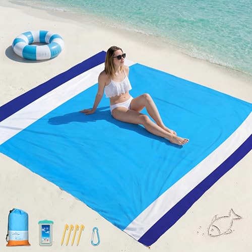 Famstar Beach Blanket Oversized Extra Large 78" X 81",Waterproof Sandproof Beach Blanket 1-7 Adults Lightweight Durable for Travel Camping Hiking Picnic - color: Blue White, size: 78" X 81"