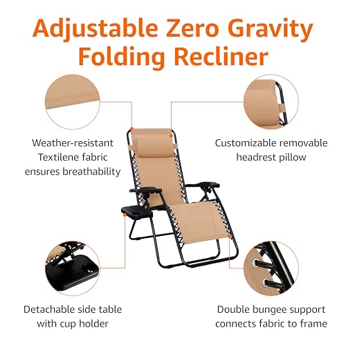 Amazon Basics Outdoor Textilene Adjustable Zero Gravity Folding Reclining Lounge Chair Set with Cup Holder, Side Table, Headrest, Weather-Resistant, 35 x 26 x 43 inches, Beige, 2-Pack - color: Beige