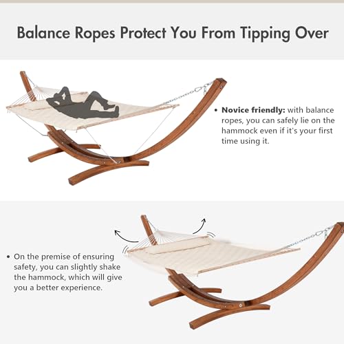 ANOW Heavy Duty Curved Wood Arc Stand with 2 Person Hammock, 13.5FT Larch Wood Stand with 2 Chains, 4 Balance Ropes and 4 Carabiners, Includes Cream Hammock with Spreader Bars - color: Cream-quilted