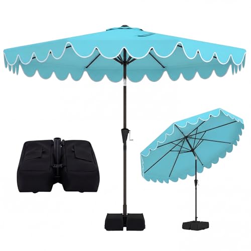 Tangkula 10 FT Patio Umbrella with Base Included, 2-Tiers Outdoor Scalloped Table Umbrella with 2 Sandbags, Tilt Adjustment, Crank, 8 Ribs for Market Backyard Pool Deck Beach Lawn - color: Turquoise, size: 10 FT