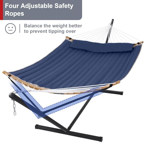 2 Person Hammock with Stand Included, Outdoor Hammock with Curved Spreader Bar, Pillow and Carrying Bag, 450 Lbs Capacity, Navy Blue - color: Navy Blue
