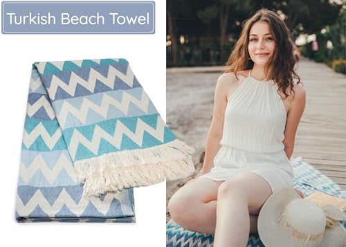 Premium Turkish Beach Towel – 100% Cotton, Quick Dry, Sand Free, Oversized Beach Towel 35”x 67” – Ideal for Travel, Pool, and Beach, – Zig Zag Blue - color: Blue