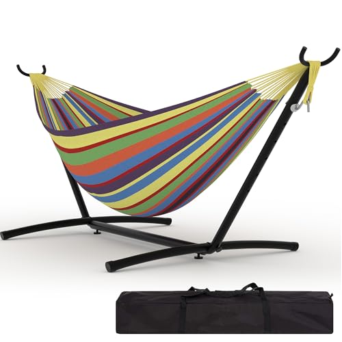 Double Hammocks with Stand for Outside, Portable Space Saving Heavy-Duty Steel Stand for Indoor Outdoor Patio with Carrying Bag, 450 lbs Capacity (Rainbow Stripes) - color: Yellow Rainbow Stripes