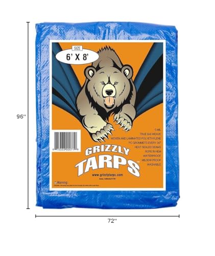 Grizzly Tarps by B-Air 6' x 8' Large Multi-Purpose Waterproof Heavy Duty Poly Tarp with Grommets Every 36", 8x8 Weave, 5 Mil Thick, For Home, Boats, Cars, Camping, Protective Cover, Blue - size: 6x8