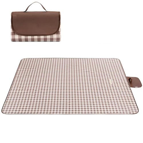 Wind Tour Waterproof Picnic Blanket with Carry Strap - Foldable Sandproof Outdoor Mat for Camping, Beach, Park - 59" x 71",Coffee Grid (Single Mat) - color: 59” X 71“,coffee Grid (Single Mat)