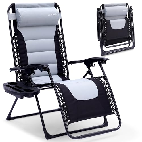 SereneLife Padded Zero Gravity Lounge Chair - Reclining Patio Chairs - Outdoor Lounge Chairs with Detachable Cup Holder Tray - Folding Recliner Chair with Removable Pillows - 1, Gray and Black - color: Grey